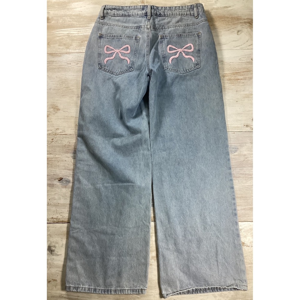 Edikted Mens Light Wash Wide Leg Jeans Pink Bow Embroidery Baggy Skate Pants M